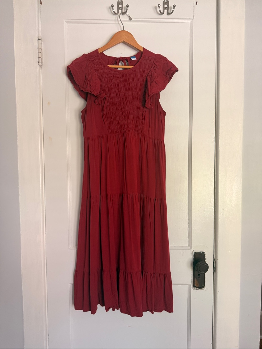 Old Navy Crimson Tiered Midi Dress with Ruffle Sleeves